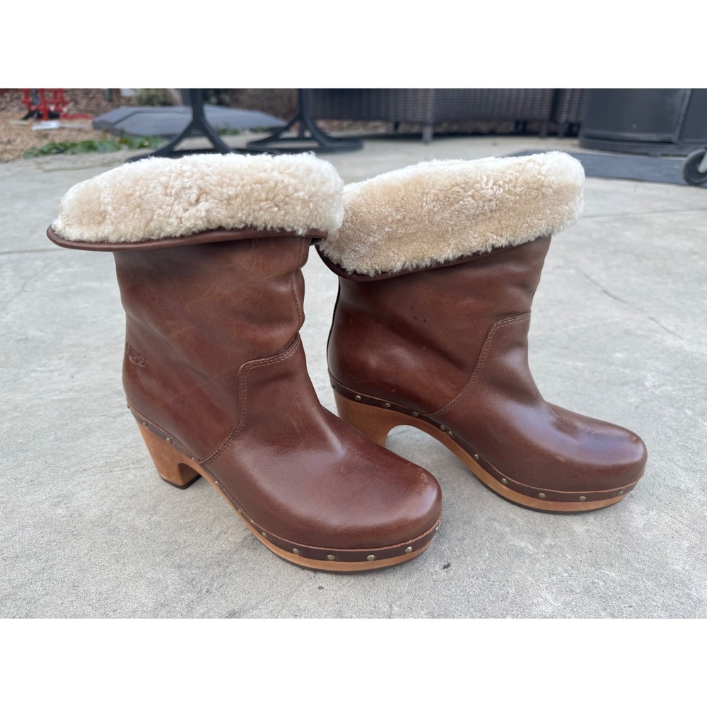 UGG Australia Lynnea Brown Leather Shearling Clog Boots Womens Size 6‎ US